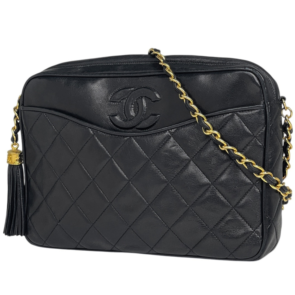 Chanel CHANEL Shoulder Bag Coco Mark Matelassé Fringe Tassel Leather Black Wo...